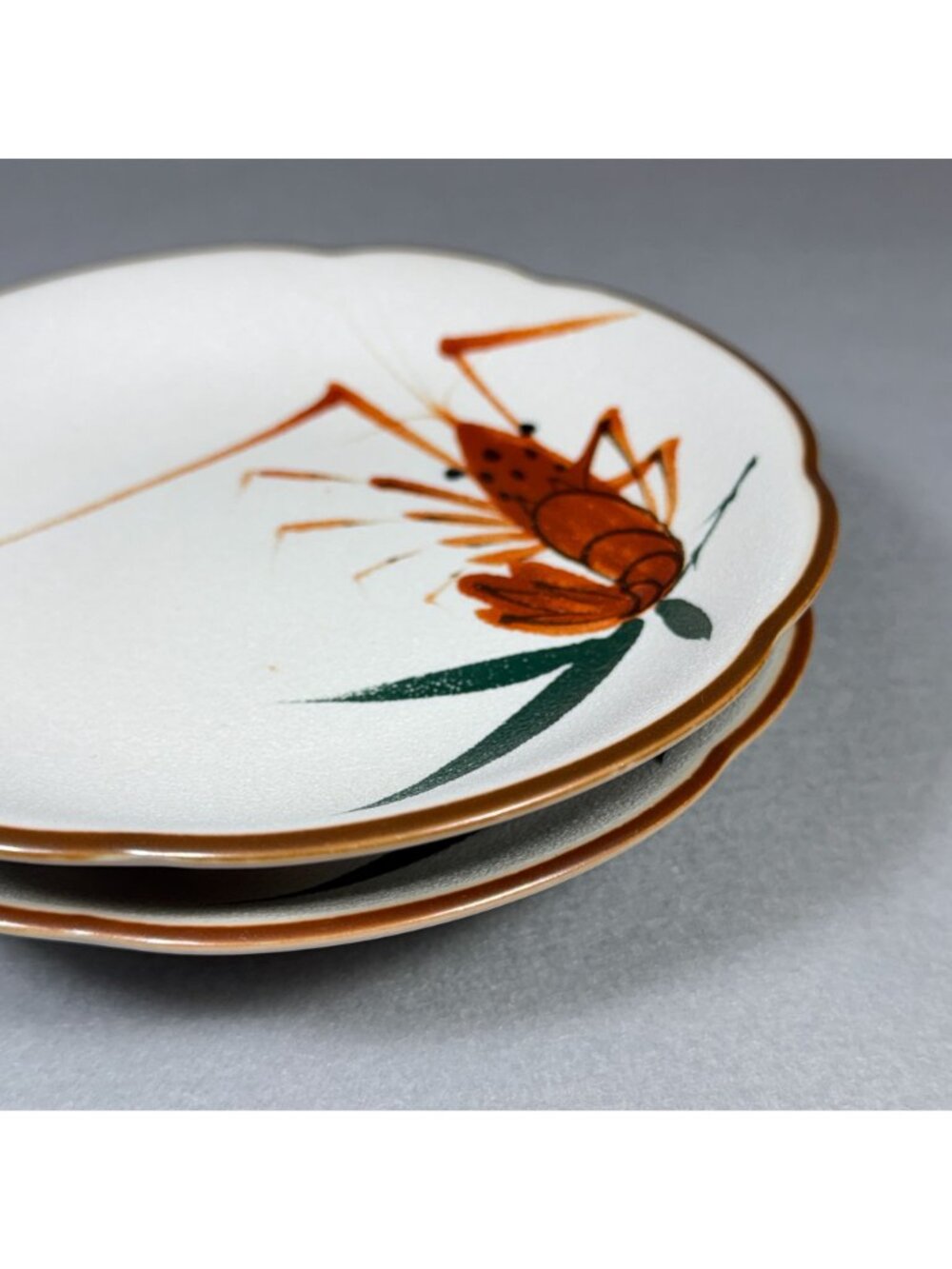 Vintage Lobster Crawfish Small Plates Set of 2 Scalloped Hand Painted Seafood - Picture 10 of 12